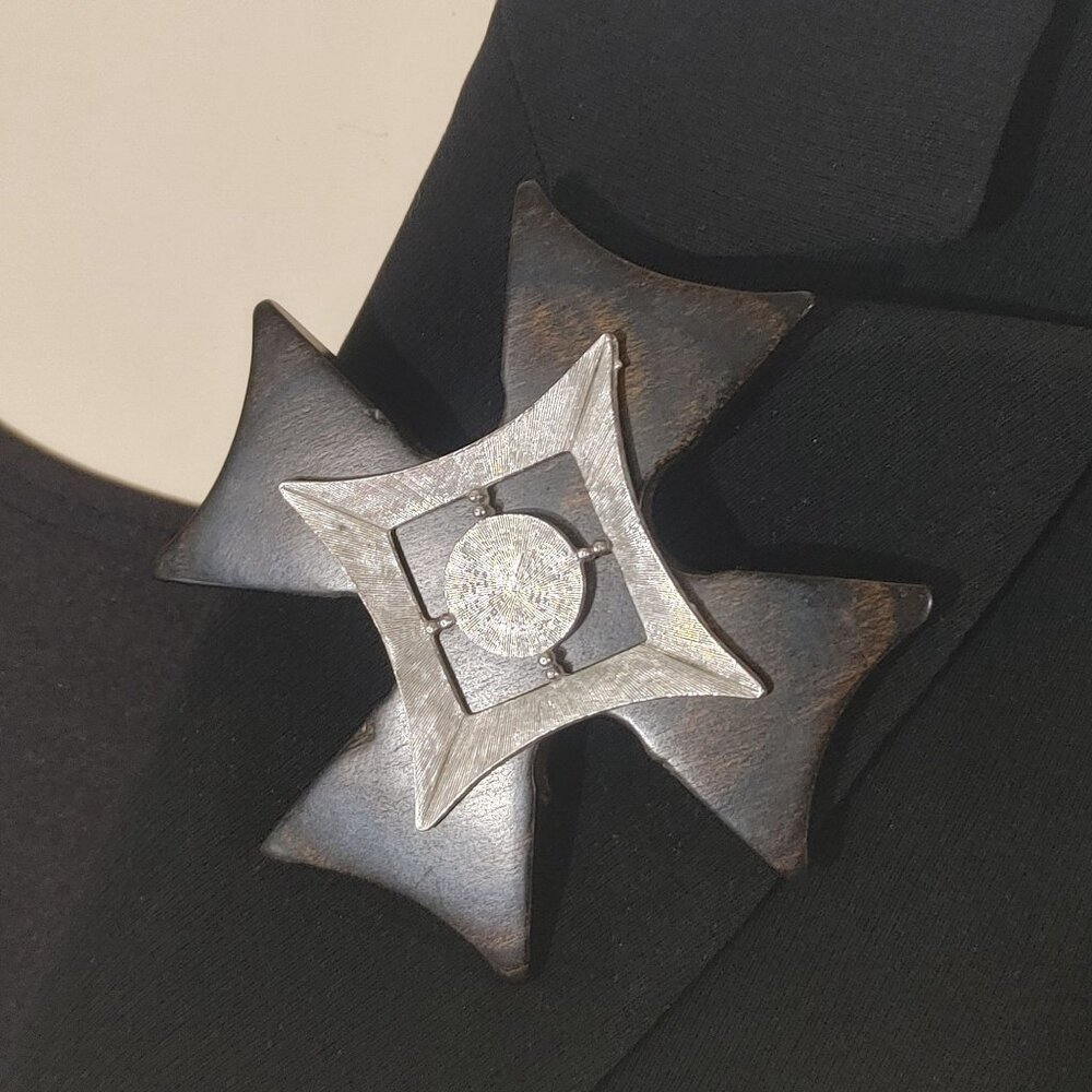 Large Armenian Wooden Silver Tone MCM Gothic Cross Brooch Pin Statement Vintage